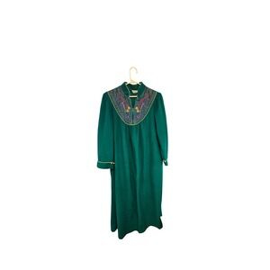 Vintage Petite Emerald Green Fleece Robe Embroidered Bib Tassel Large 49966